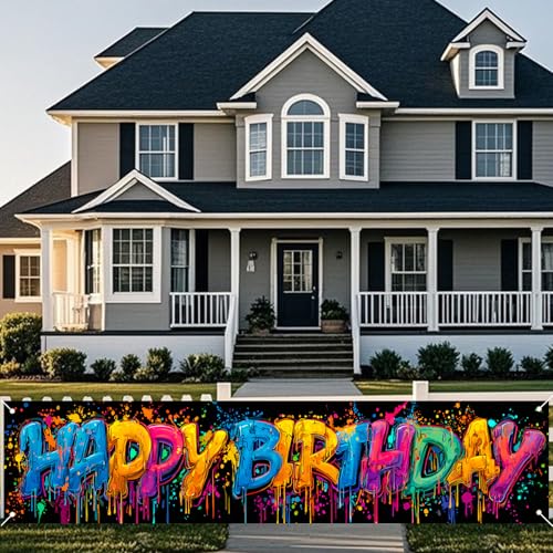 Image of Nuxovilar Happy Birthday Splashing Paint Banner 18x79 Polyester | Street Poster, Panoramic Sign splashing paint banner, spray art gate, porch, playroom (Paint Splash)