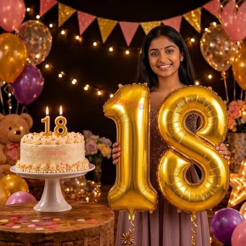 Image of Balloonistics Gold 40-Inch Foil Number 18 Balloon with Matching Number Candle - Combo Set for 18th Birthday Decoration, Party Backdrop, Cake Table Decor, Photo Booth Prop