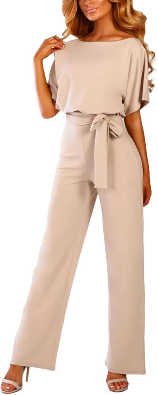 amropi Women Slash Neck Jumpsuit Short Sleeve Belted Romper Loose Casual Playsuit