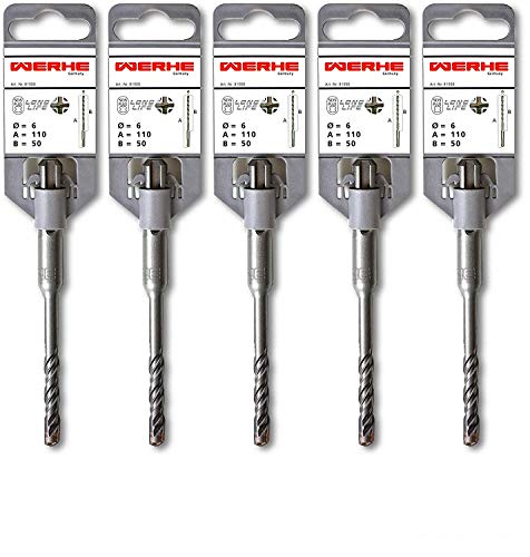 WERHE ® Professional 5 pcs. SDS Plus Concrete Drill 6 x 110 mm Hammer Stone Quadro X Quadruple Cutting Cross Cutter