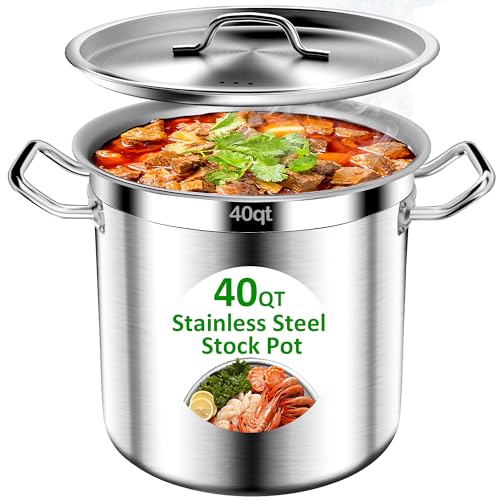 Image of Stainless Steel Stockpot - 40QT Stock Pot with Lid, Heavy-Duty Tri-Ply Bottom Cooking Pot for Canning, Boiling Beer Brewing, Soup, Seafood Boil - Satin Finish Stainless Steel Soup Pot