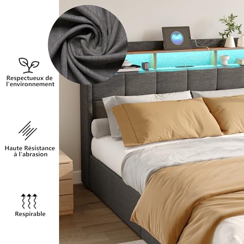 KeepGoon Polsterbettrahmen mit USB Ladestation und LED-beleuchtetem Kopfteil, 200×160cm Doppelbett Stauraumbetten Funktionsbett Bettgestell, Bettrahmen mit 4 Schubladen Grau – Bild 4