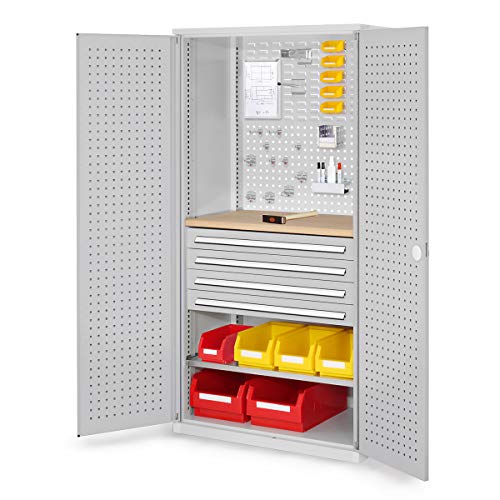 RasterPlan Lochplatteenschrank mit 4x Schubladen, Fachboden und Werkbank | HxBxT 1950 x 1000 x 600 mm | Grau