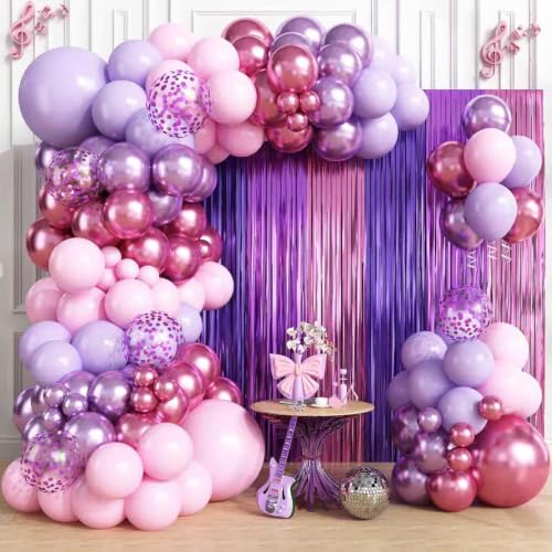 Image of Purple Pink Balloon Garland Arch Kit Birthday Party Decorations, Music Themed Foil Fringe Curtains Backdrop Tinsel Streamer Photo Booth Props for Butterfly Galentines Day Wedding Party Decor Supplies