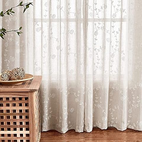 Fragrantex Sheer Patterned Curtains Linen 84" Length 2 Panels Print Botanical Rose Window Panels for Bedroom and Living Room Farmhouse Style Window Treatment Set,Rod Pocket 54" Wx84 Lx2 Cover