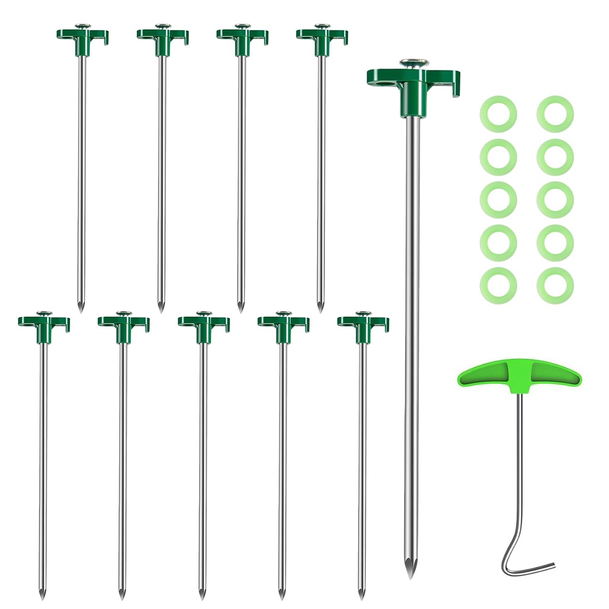 10PCS Heavy Duty Metal Tent Pegs, Includes 1PCS Nail Puller and 10PCS Fluorescent Ring, Durable Steel Camping Pegs for Hard Lands, Forests, Garden, Canopies, Lawns, Outdoors – Green