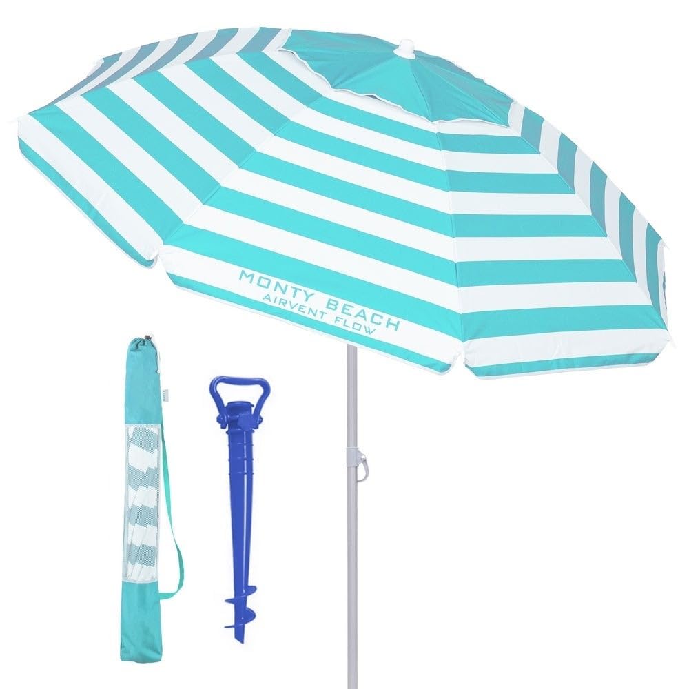 LOLAhome Sombrilla playa 240 cm y soporte arena, protección UV+50, sombrilla antiviento, varillas flexibles, techo ventilación, mástil inclinable y regulable altura, bolsa transporte