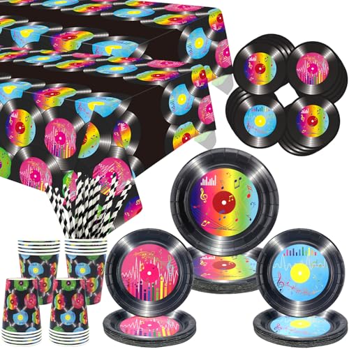 LSJDEER 1950er Jahre Record Party Supplies Rock Record Geschirr Speiseteller, Dessertteller, Tassen, Servietten, Tischdecke, Strohhalme für 50er Jahre Themenpartys, serviert 20 LSJDEER 1950er Jahre Record Party Supplies Rock Record Geschirr Speiseteller, Dessertteller, Tassen, Servietten, Tischdecke, Strohhalme für 50er Jahre Themenpartys, serviert 20