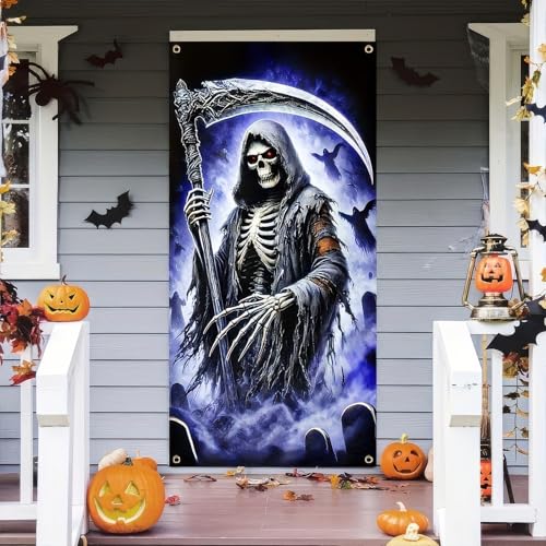 Image of BlissYard Halloween Grim Reaper Door Cover 70x35 Inch Polyester | Entry Banner, Wall Backdrop | Grim Reaper Door Decor, Indoor Party Scene | Porch, Hallway, Photo Area (Night Art)