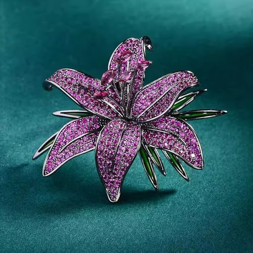Image of Lily Flower Wedding Statement Brooch Art CZ Lapel Pin Austrian Crystal Leaf Bouquet Clusters Brooches Elegant Dress Suit Sweater Accessories for Women Ladies Party Prom Xmas Jewelry Gift