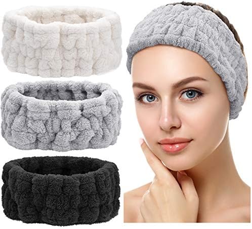 Chuangdi 3 Pieces Spa Facial Headband for Makeup and Washing Face Terry Cloth Hairband Yoga Sports Shower Facial Elastic Head Band Wrap for Girls and Women (Black, White, Light Grey)