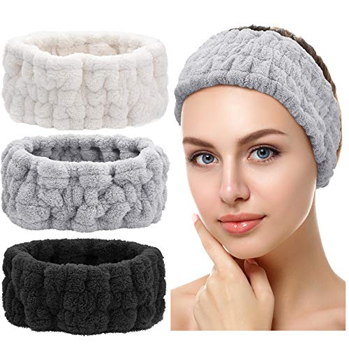 3 Stirnbänder zum Waschen des Gesichts für Make-up und Yoga, Sport, Dusche, Gesichtsband, Spa, elastisch, für Mädchen und Frauen (Schwarz, Weiß, Hellgrau)