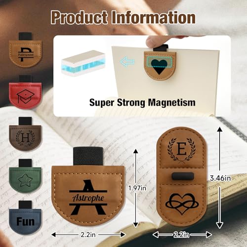 Image of Personalized Magnetic Leather Pen Holder Bookmark - Custom Engraved Initial Letter Bookmarks Clip, Customized Gifts for Book Lovers Readers Women (Pen Holder Bookmark)