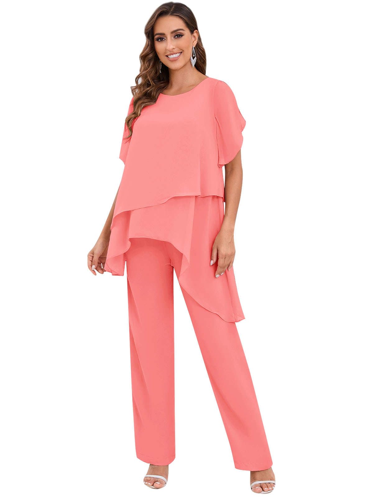 Aootumi 2 Pieces Mother of The Bride Pant Suits for Women Dressy Chiffon Sets Ruffle Layers Formal Wedding Guest Outfit