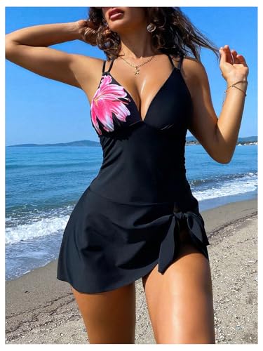 Women's 2 Piece Tankini Swimsuits Floral Bowknot Deep V Neck Bathing Suits with Thong2