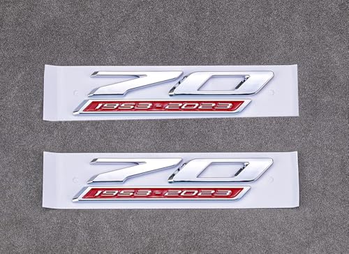 Image of 2Pc 70th Anniversary Side Emblems Car Fender 3D Badge Sticker Replacement for 2020-2024 C8 Corvette Genuine 70th (Silver Red)