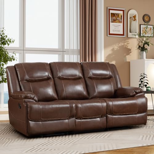 CANMOV Genuine Leather Manual Reclining Sofa, 3 Seat Recliner Sofa