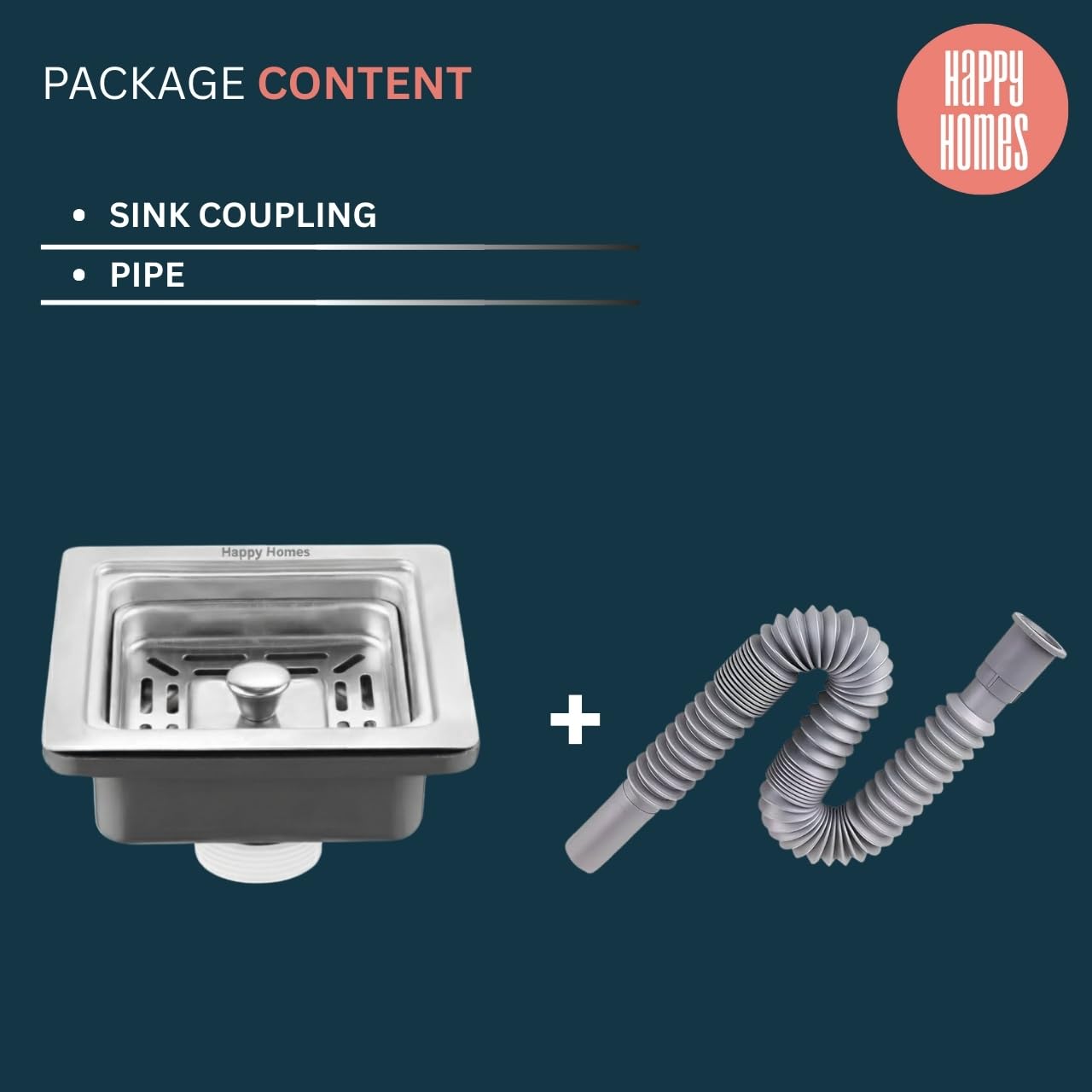 Happy Homes PVC SQUARE DRAINER/WASTE COUPLING WITH WASTE PIPE FOR SQUARE KITCHEN SINK/HANDMADE KITCHEN SINK