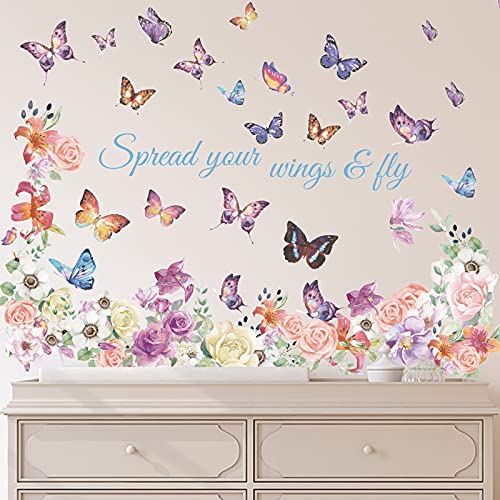 59 Pieces Flowers Butterfly Wall Decals Removable DIY Floral Butterfly Art Wall Stickers Garden Bouquet Wall Stickers for Bedroom Living Room TV Wall Home Decor