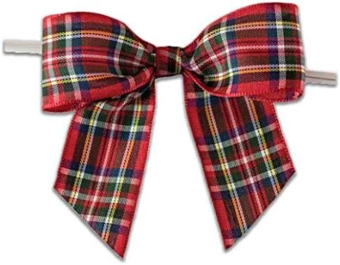 Weststone Christmas Plaid Pre-Tied Bow Set of 50, Twist Tie Bows Satin Bowtie Set, Bow Tie for Food & Gift Package, Christmas Party, Halloween, Birthdays, Weddings, Size 3-1/2"