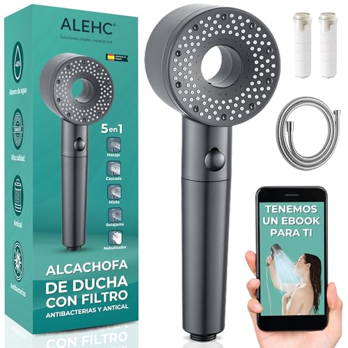 ALEHC® Alcachofa de Ducha con Filtro Antibacterias y Antical + Manguera 1,5 m + 2 Filtros de Recambio – 5 Modos - ABS - sin BPA - Ducha Filtrante que Purifica el Agua con Efecto Alta Presión