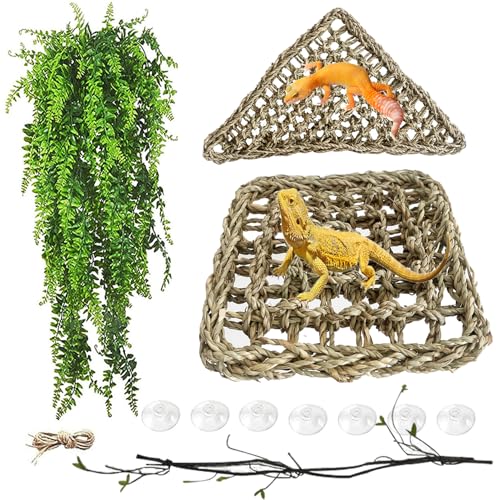 Image of Bearded Dragon Hammock,Lizard Lounger,Natural Seagrass Reptile Hammocks with Hanging Plants Climbing Jungle Vines Flexible Leaves Habitat Decoration for Lizard Geckos Snakes (4 PCS)