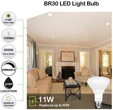 hykolity 6 Pack Flood Light Bulb, BR30 LED Bulb for Indoor/Outdoor Downlight Recessed Can Light, Dimmable, 11W=75W, 3000K Warm White, 1000lm, E26 Base, UL Listed