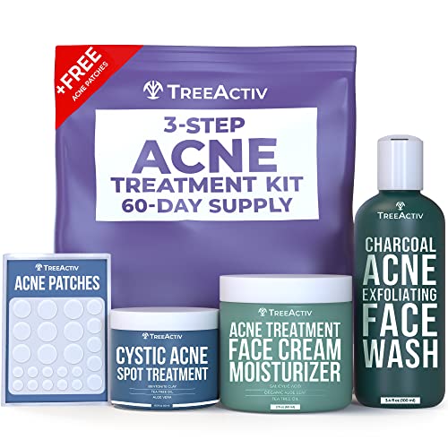 TreeActiv 3-Step Acne Treatment Kit | Charcoal Face Wash, Bentonite Pimple Spot Clay, Salicylic Acid Facial Moisturizer with Bonus Blemish Patches for Zit, Milia, Blackhead, Whitehead | 60-Day Supply