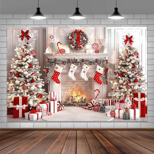 10x8ft White Christmas Fireplace Photo Backdrop...