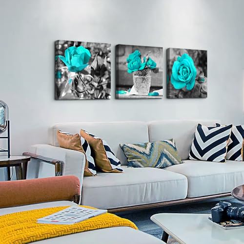 DZRWUBHS Large Wall Art For Living Room 3 Piece Wall Decor For Bedroom Black And White Paintings Flowers Pictures Blue Rose Boho Office Wall Art Prints Ready To Hang Room For Girls Home Decoration