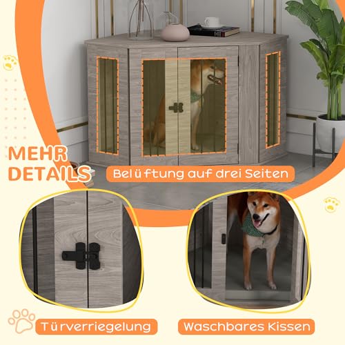 PawHut Hundekäfig, Eckige Hundehütte Hundebox mit Kissen, Hundehaus mit Türriegel, Haustierkäfig für mittelgroße Hunde, Walnuss, 104 x 55 x 63 cm