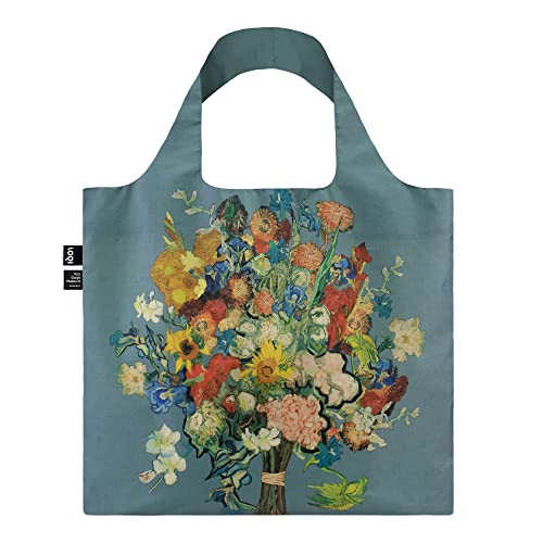 LOQI Vincent Van Gogh - VGM 50th Anniversary Bouquet/Flower Pattern Blue Canvas Recycled Bag, Multicolour, 50 x 42 cm