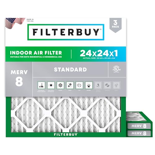 Filterbuy 24x24x1 Air Filter MERV 8 Dust Defense (3-Pack), Pleated HVAC AC Furnace Air Filters Replacement (Actual Size: 23.38 x 23.38 x 0.75 Inches)