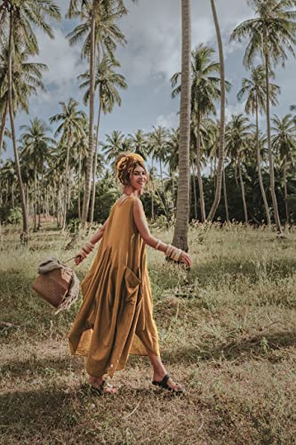Image of Thaluta Women's Boho Cotton Sleeveless Dress Casual Loose Fit Maxi Dress with Big Pockets Fair Trade Light Summer Sundress