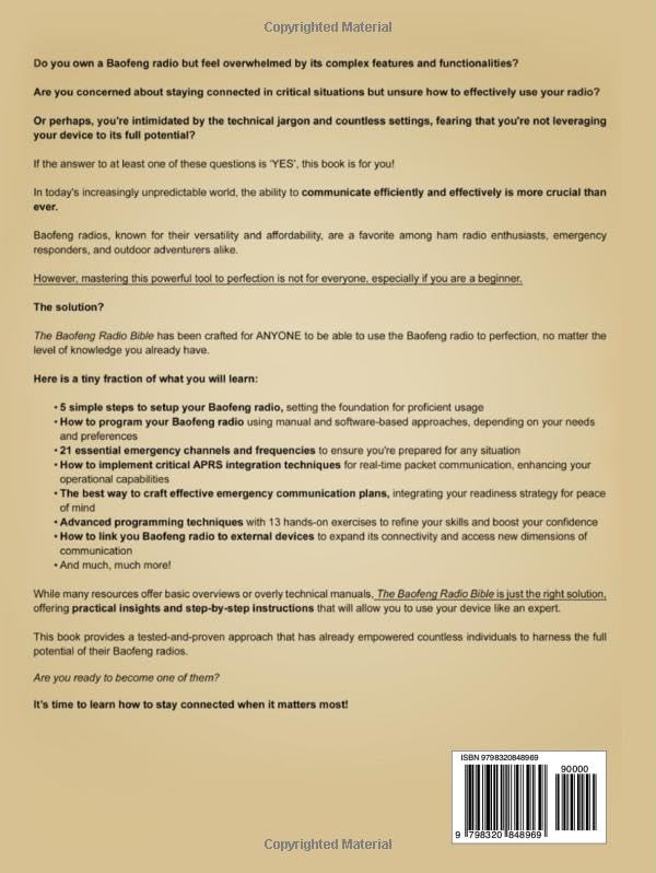 Back cover of The Baofeng Radio Bible, showing a summary of the book's content, including bullet points on setup, programming, emergency channels, APRS, communication plans, advanced techniques, and linking devices. Also includes ISBN barcode.