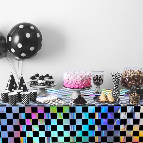 Image of 6Pack Black and Iridescent Checkered Plastic Tablecloth, Shiny Disposable Laser Rectangle Table Covers, Holographic Foil Tablecloth Iridescent Party Decorations for Picnic Camping Race Car, 54x108Inch