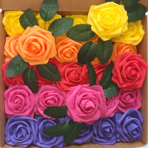 LUSSO LIA 25 pcs Decorative Artificial Flower Foam Roses with Bendable Stems for Wedding Bouquet Anniversary, Valentine's Day
