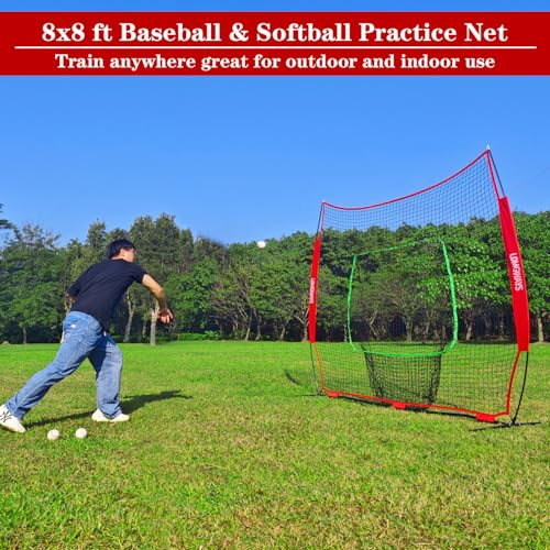 Image of 7x7ft /8x8ft Baseball Softball Net with Steel Frame for Batting, Hitting, Pitching, Portable Baseball Batting Net with Carry Bag, Great for All Levels