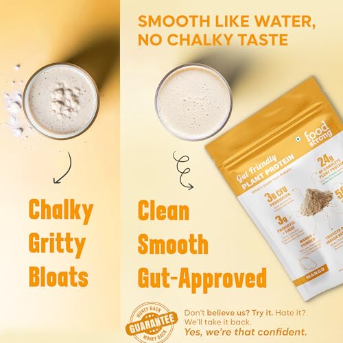 Image of Foodstrong Gut Friendly Plant Protein - Mango | 24g Complete Plant Protein with Probiotics, Digestive Enzymes, Prebiotics & Indian Herbs | Vegan | No Sugar | 500g