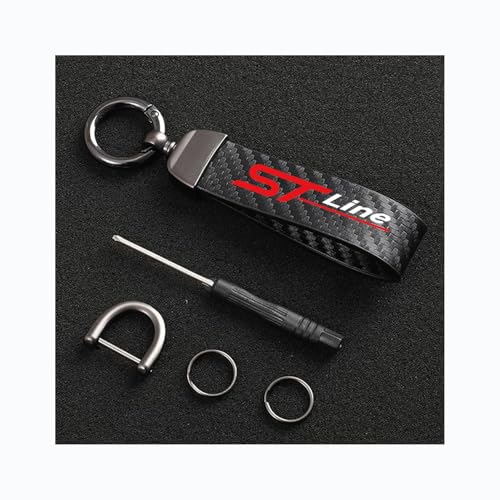 Generisch Auto Schlüsselanhänger für Ford ST-Line Kohlefaser Leder Seil 360 Drehbarem Anti-Verlust-D-Ring Schlüsselanhänger Auto Zubehör Black-12.5CM