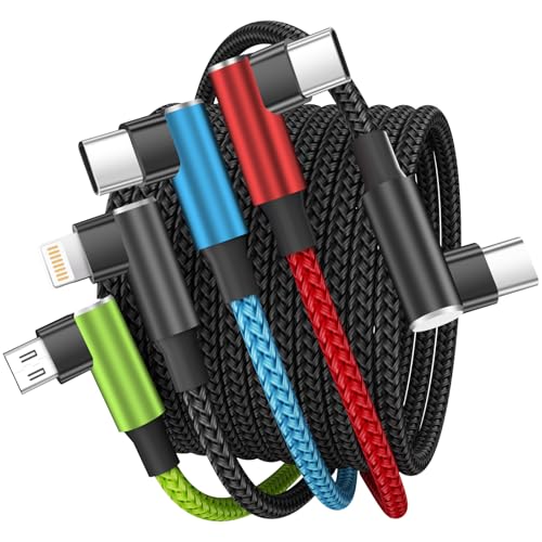 Travel Vacation Essentials USB C Multi Charging Cable, Right Angle 4 in 1 Charging Cable, Phone Charger Cords with IP/Type C/Type C/Micro Port, Compatible with Most Cell Phones and More(1Pack 5FT)