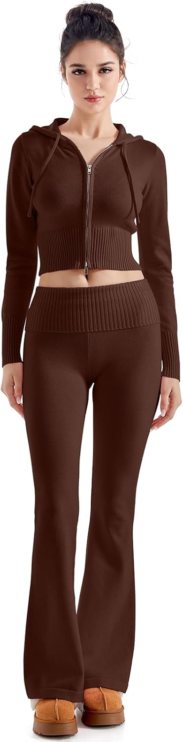SUUKSESS Women 2 Piece Knit Sets Cropped Zip Up Hoodie Foldover Flare Leg Pants