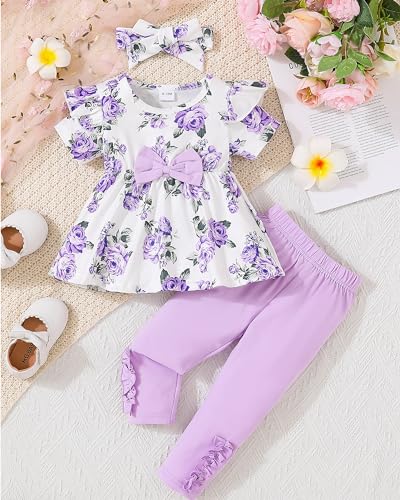 Image of Doresbebe Baby Girl Clothes Toddler Girl Outfits Infant Girl Summer Clothes for Girl Ruffle Shirt Pants+Cute Headband 3PCS