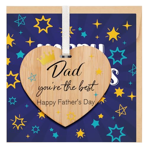 Welsky Fathers Day Card Gifts Fathers Day Card with Wooden Plaque Fathers Day Gift for Dad Daddy Father Grandfather Grandpa from Daughter Son Blue Greeting Cards with Star Design