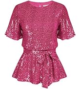 GRACE KARIN Women Sequin Party Cocktails Tops Short Sleeve Crew Neck Elastic Tie Waist Peplum Blo...