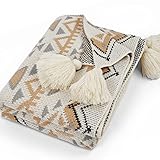 Knitted Throw Blanket for Couch with Tassels, Boho Style Throw for Home Decor, Small Cozy and Soft B