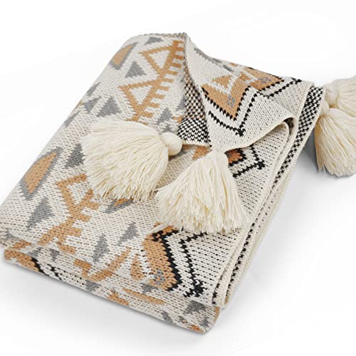 Knitted Throw Blanket For Couch With Tassels, Boho Style Throw For Home Decor, Small Cozy And Soft Blanket For Sofa Or Outdoor, Navajo Farmhouse Blankets 50 X 60 Inches #TOP12