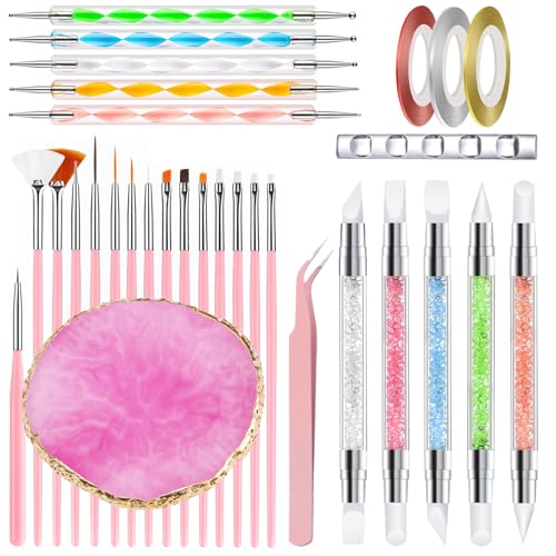 Nail Art Tools 31Pcs Set, Nail Art Brushes, Resin Nail Art Palette, Dotting Pen Tools, Nail Art Sculpture Pen, Dual Tipped Silicone Nail Tools, Nail Art Striping Tape Lines and Tweezers for Nail Art