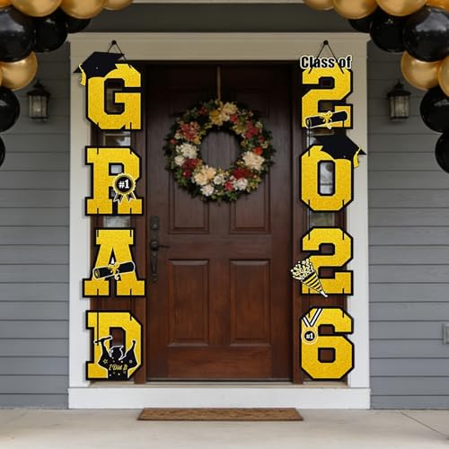 Graduation Door Banners for Front Door, Gold and Black 2026 Congratulations Congrats Door Sign for Grad Party Decoration, Porch Sign for School Yard Farmhouse Decor