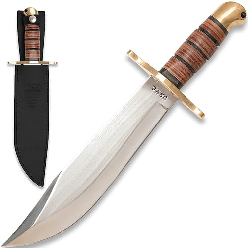 USMC Jungle Bowie Knife | Funda de cuero de alta calidad | Hoja de acero inoxidable de 9 1/4 pulgadas | Mango de cuero apilado | Guardamanos y pomo